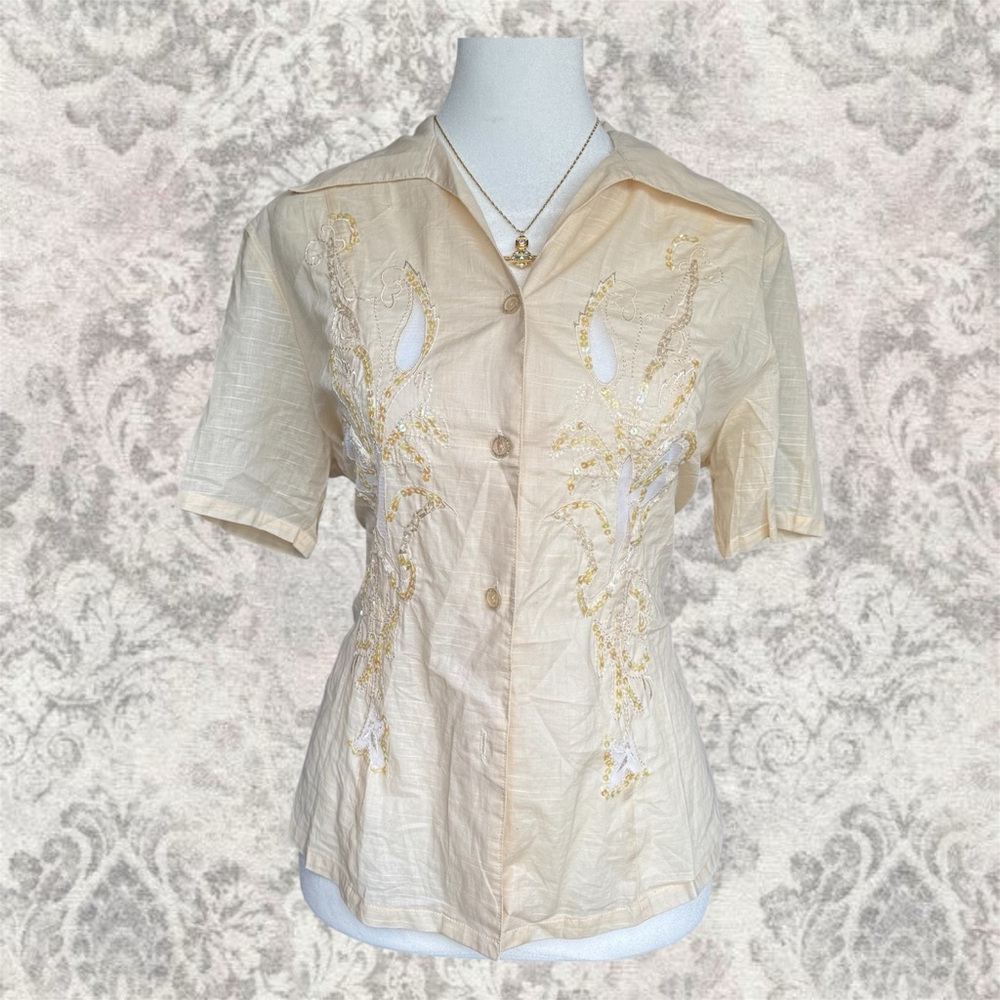 Elegant Beige Embroidered Sequin Button-Up Women’s Collared Large Cotton Top